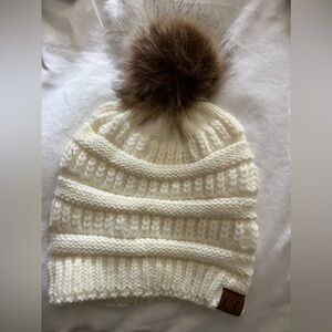 Cream CC Beanie with Poof
